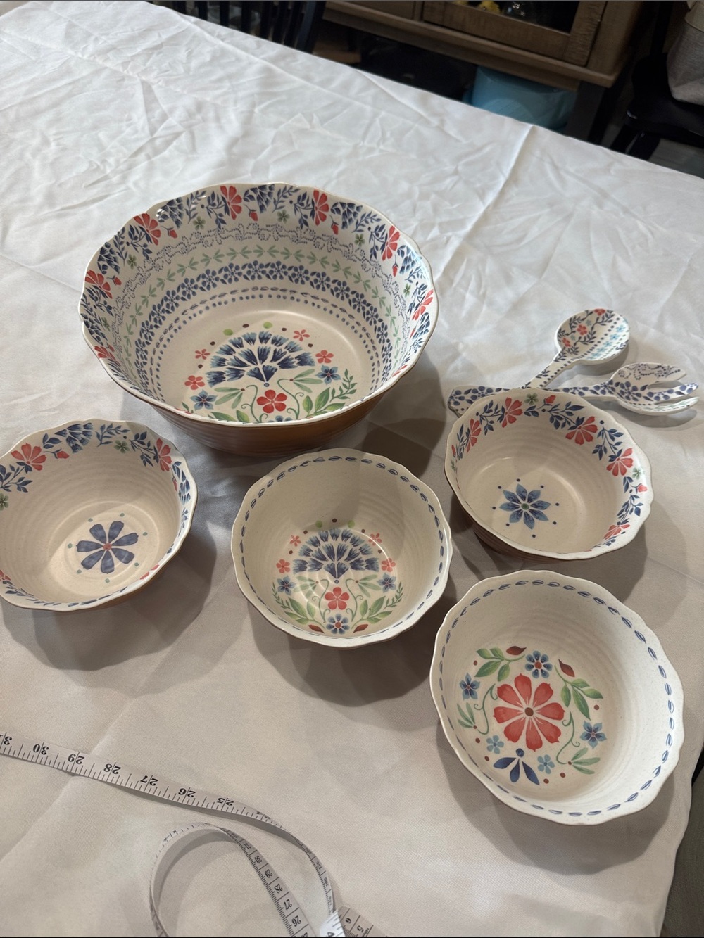Floral Ceramic Serving Bowl and Spoon Set - Blue, Red, Green